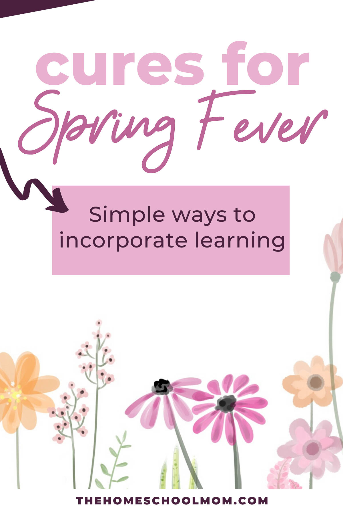 Illustration of spring flowers with text Cures for Spring Fever - Simple ways to incorporate learning - TheHomeSchoolMom.com