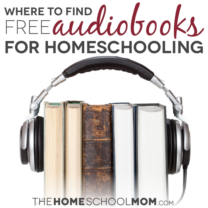stack of books with headphones and text where to find free audiobooks for homeschooling