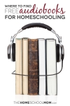 stack of books with headphones and text where to find free audiobooks for homeschooling