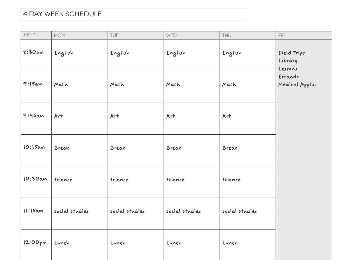 Screenshot of an example 4 day per week homeschool schedule