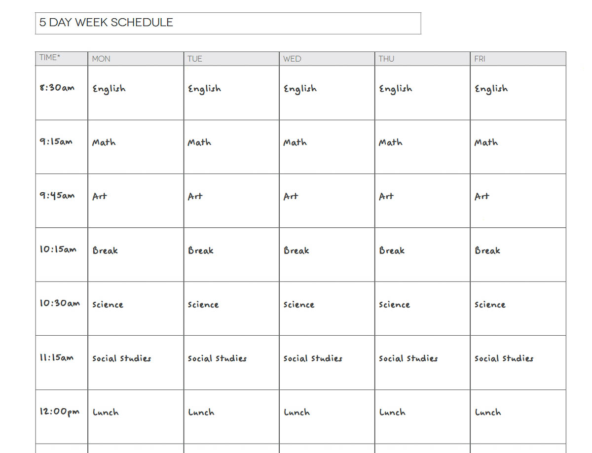 Screenshot of an example 5 day per week homeschool schedule