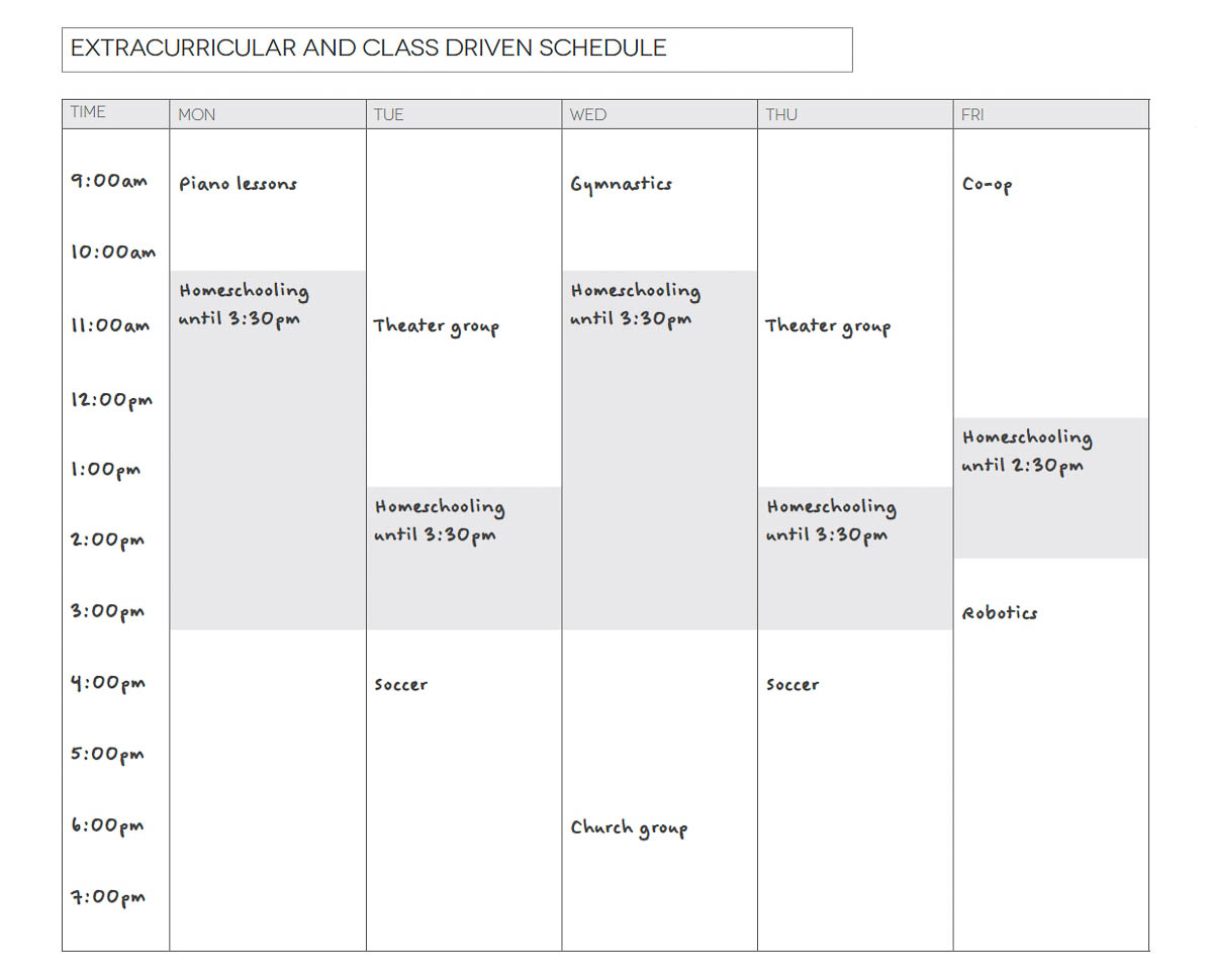 Screenshot of an example extracurricular and class driven schedule