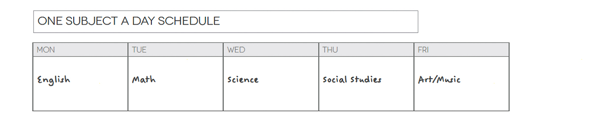Screenshot of an example one subject per day homeschool schedule