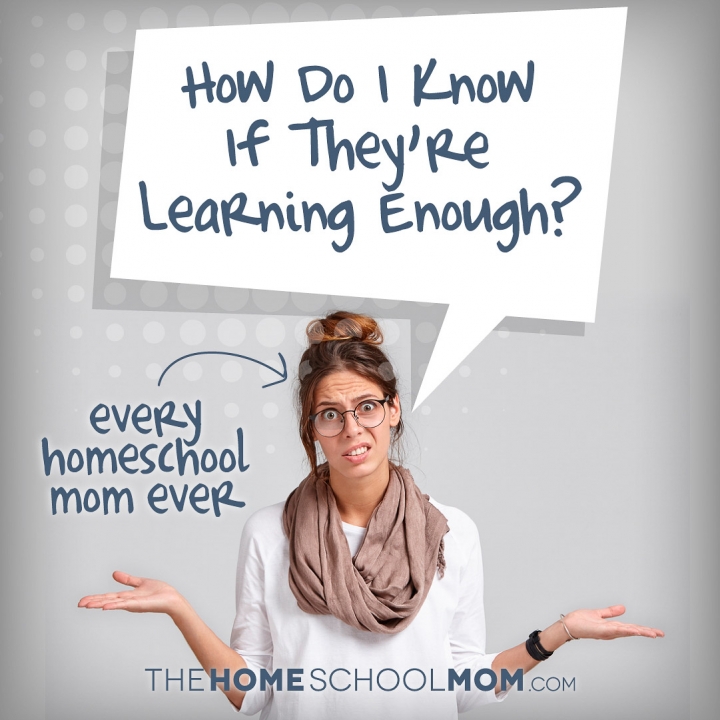 Woman in jeans, white shirt, and tax scarf with thought bubble and text Every Homeschool Mom Ever:: How Do I Know If I'm Doing Enough?