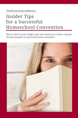image of woman with lower part of her face behind an open book and text TheHomeSchoolMom's Insider Tips for a Successful Homeschool Convention