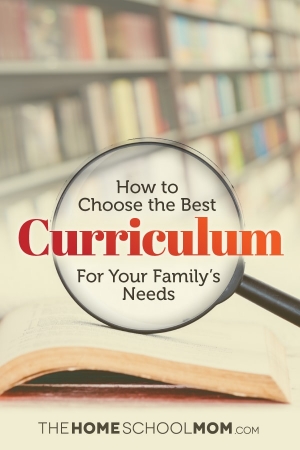 Image of open book with magnifying glass and text: How to Choose the Best Homeschool Curriculum for Your Family's Needs
