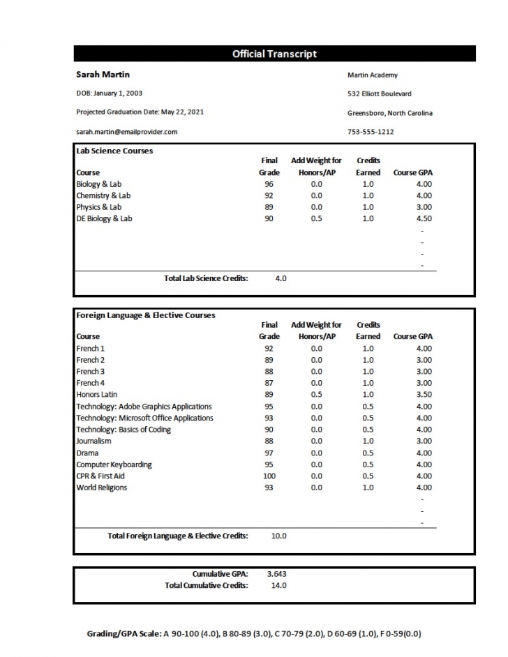 Free Homeschool Transcripts Template Screenshot (Courses Organized by Subject)