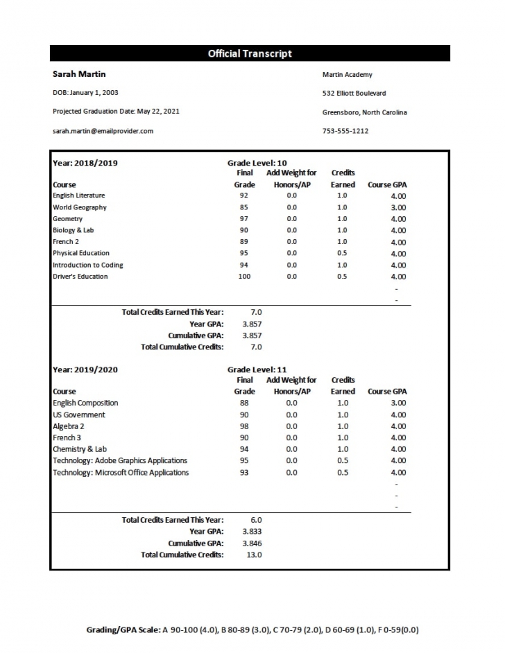 Free Homeschool Transcripts Template Screenshot (Courses Organized by Year)