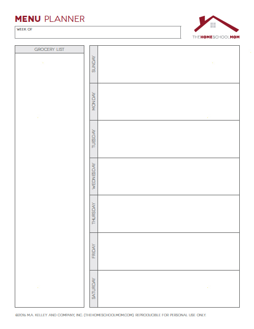 Homeschool Planner: Screenshot of Menu Planner (Unlined)