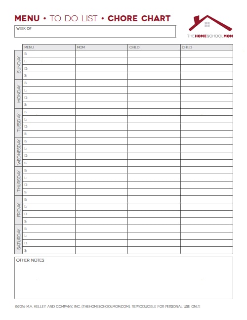 Homeschool Planner: Screenshot of Menu Planner, To Do Chart, Chore Chart