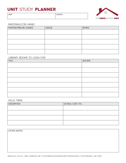 Homeschool Planner: Screenshot of Unit Study Planner