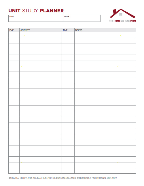 Homeschool Planner: Screenshot of pg. 2 Unit Study Planner