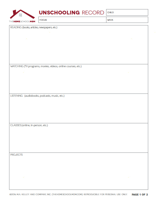 Homeschool Planner: Screenshot of Pg. 1 Unschooling Record Keeper