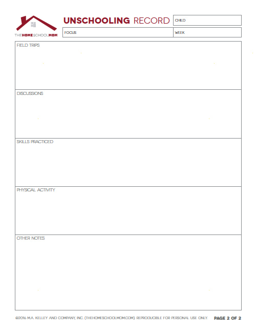 Homeschool Planner: Screenshot of Pg. 2 Unschooling Record Keeper