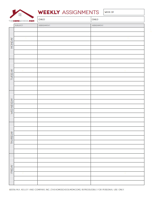 Homeschool Planner: Screenshot of Weekly Assignment Sheet