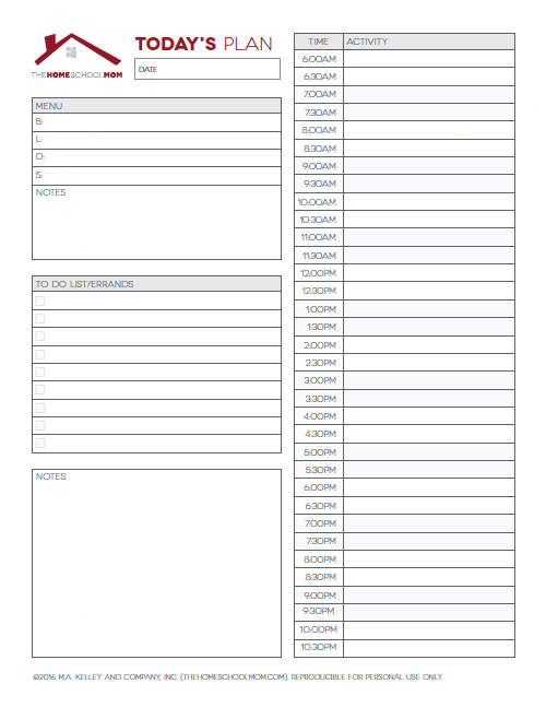 Homeschool Planner: Screenshot of Today's Plan Page