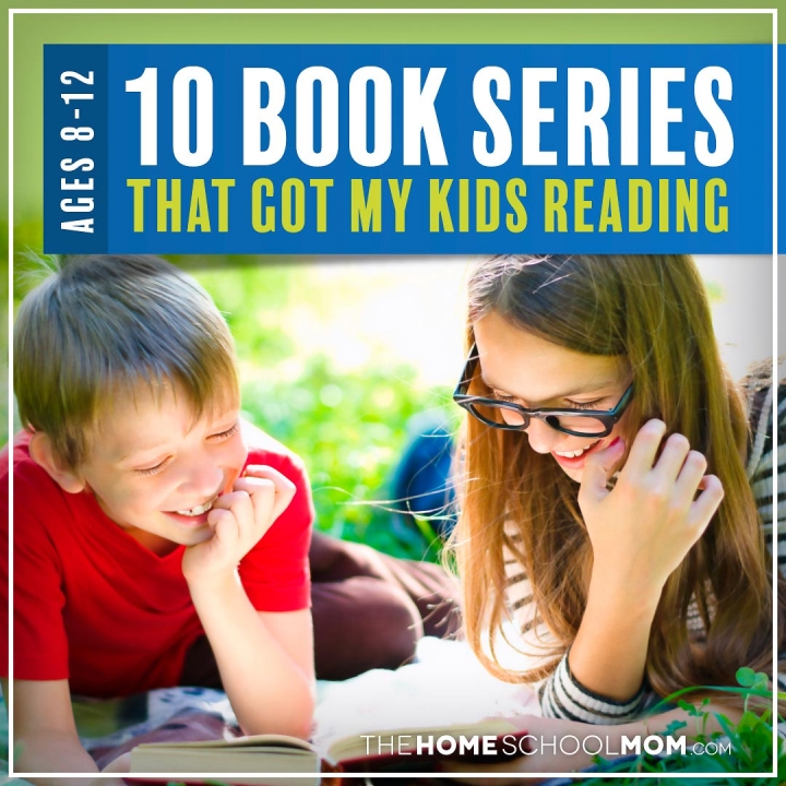 Boy and girl 8-12 years old lying in grass on sunny day reading a book with text 10 Book Series That Got My Kids Reading Ages 8-12 TheHomeSchoolMom.com