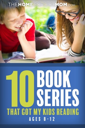 Boy and girl 8-12 years old lying in grass on sunny day reading a book with text 10 Book Series That Got My Kids Reading Ages 8-12 TheHomeSchoolMom.com