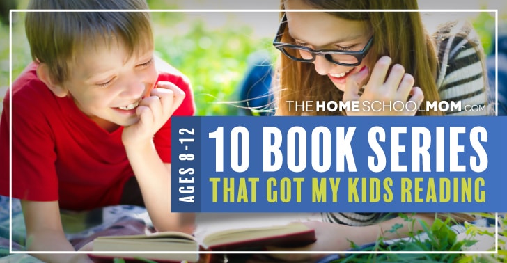 10 Book Series that Got My 8-12 Year Old Kids Reading Boy and girl 8-12 years old lying in grass on sunny day reading a book with text 10 Book Series That Got My Kids Reading Ages 8-12 TheHomeSchoolMom.com