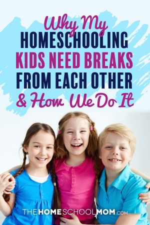 Three smiling children hugging each other and facing the camera with text Why my homeschooling kids need breaks from each other & how we do it
