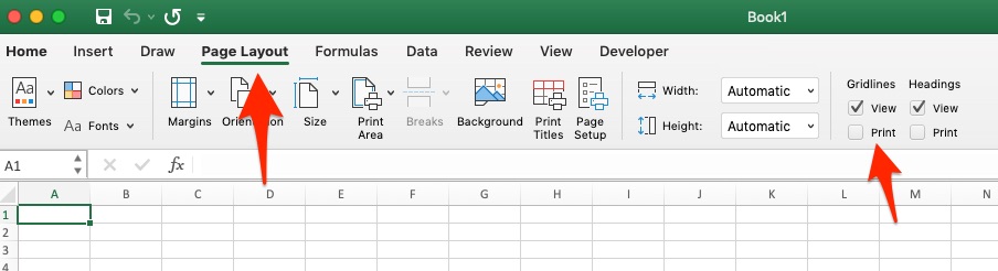 Screenshot of Excel sheet highlighting where to find the option for turning off grid lines in print view