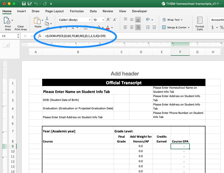 Screenshot showing formula for calculating course GPA