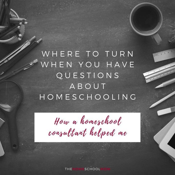 Overhead view of a blackboard backgroundwith pencils, ipad, and ruler on top with text Where to turn when you have questions about homeschooling: How a homeschool consultant helped me - TheHomeSchoolMom