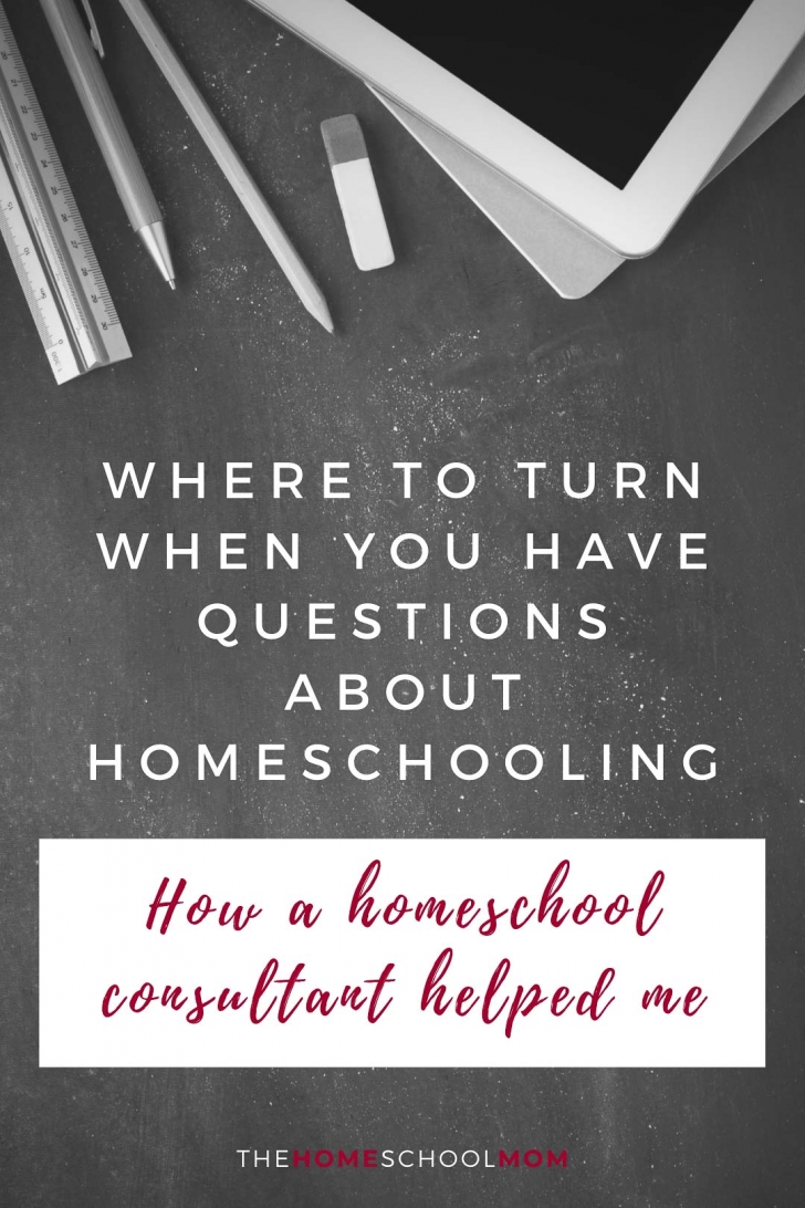 Overhead view of a blackboard backgroundwith pencils, ipad, and ruler on top with text Where to turn when you have questions about homeschooling: How a homeschool consultant helped me - TheHomeSchoolMom