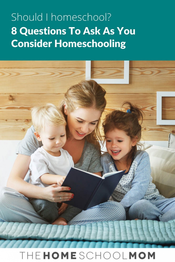 Image of woman reading to two children on a bed with text Should I Homeschool? 8 Questions to ask as you consider homeschooling