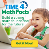 Happy girl using laptop with text Time4MathFacts: Improve a strong math foundation for the future; Get it now