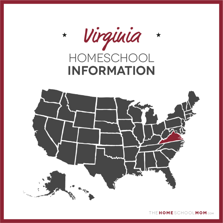 Map of US with Virginia highlighted in red and text Virginia Homeschool Information - TheHomeSchoolMom.com
