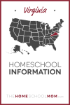 Map of US with Virginia highlighted in red and text Virginia Homeschool Information - TheHomeSchoolMom.com