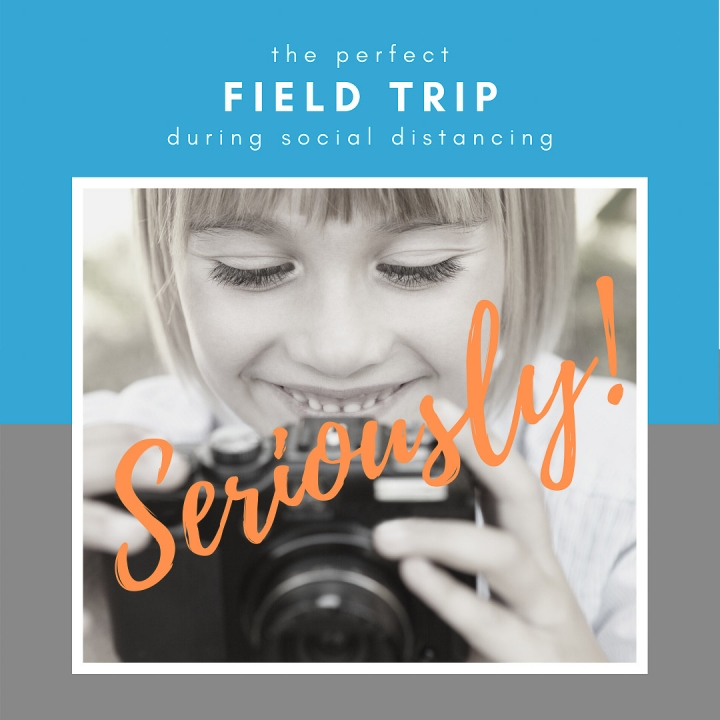Image of young girl looking at a camera screen with text The Perfect Field Trip During Social Distancing - Seriously! TheHomeSchoolMom