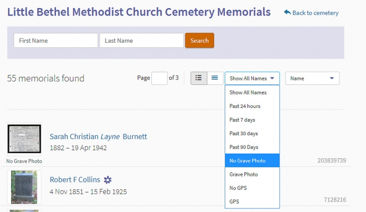 find-a-grave-9-min Screenshot of Find a Grave website showing list of memorials at a specific cemetery