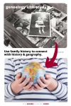 Top image of old family photos with text Genealogy Unit Study and a red arrow pointing to bottom image of a child's hands holding a globe and text Use Your Family History to Connect with History & Geography - TheHomeSchoolMom