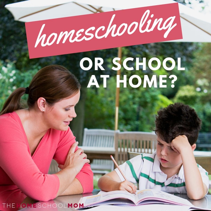 Woman supervising boy doing homework outside at a table with text Homeschooling or School at Home? TheHomeSchoolMom.com