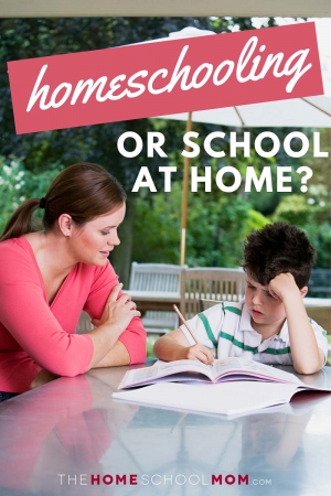 Woman supervising boy doing homework outside at a table with text Homeschooling or School at Home? TheHomeSchoolMom.com
