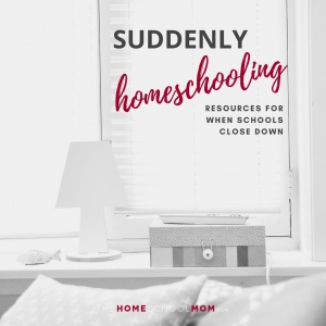 Image of sofa with pillows and a lamp on a table with text Suddenly Homeschooling: Resources for when schools close down - TheHomeSchoolMom.com