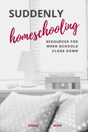 Image of sofa with pillows and a lamp on a table with text Suddenly Homeschooling: Resources for when schools close down - TheHomeSchoolMom.com
