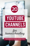 Image of hand holding a remote with text 20 YouTube Channels for Homeschooling - TheHomeSchoolMom.com