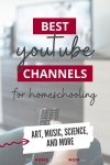 Image of hand holding a remote with text Best YouTube Channels for Homeschooling: Art, Music, Science, and More - TheHomeSchoolMom.com