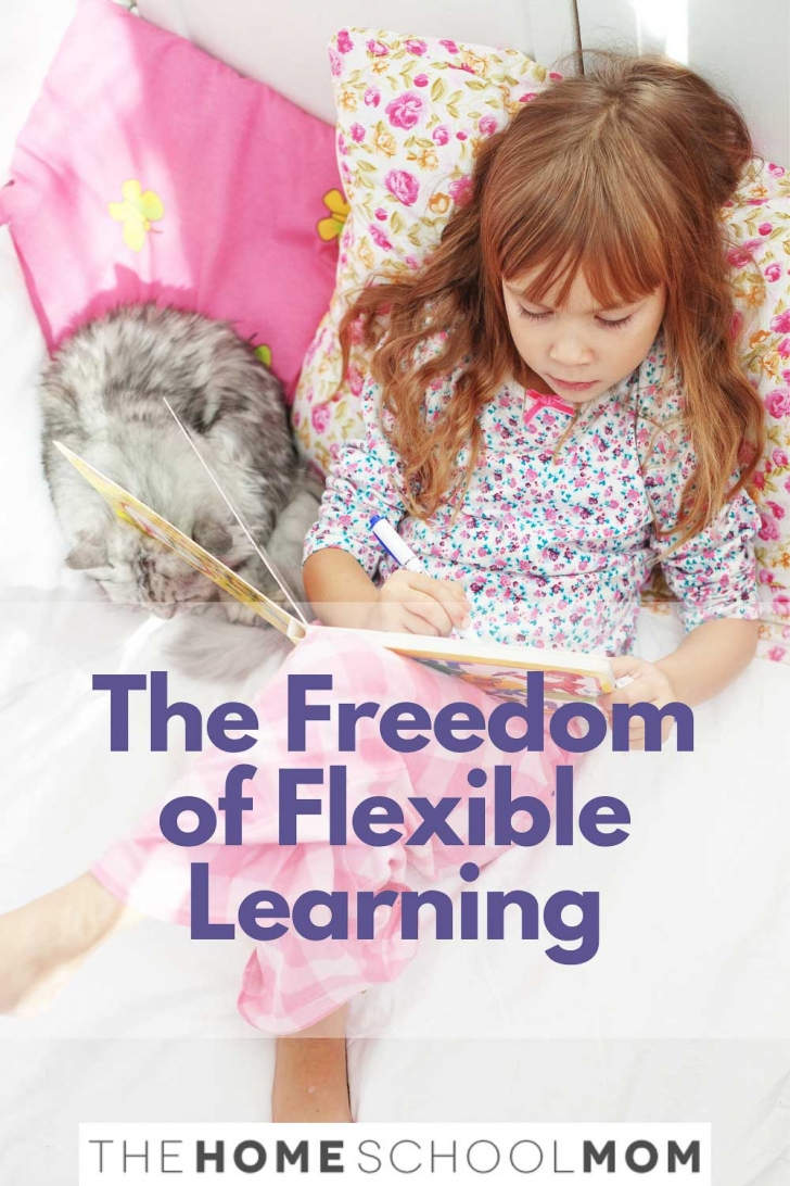 child lying on a bed coloring in a book next to a cat with text The Freedom of Flexible Learning - TheHOmeSchoolMom