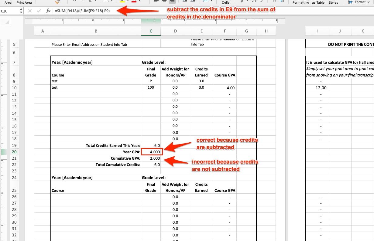 Screenshot of transcript indicating to subtract credits for non-graded courses from the formulas for Year and Cumulative GPA to make sure GPA calculates correctly