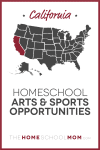 map of the US with California highlighted and text California Homeschool Arts & Sports Opportunities
