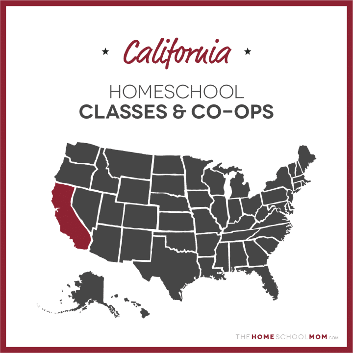 map of the US with California highlighted and text California Homeschool Classes & Co-ops