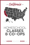 map of the US with California highlighted and text California Homeschool Classes & Co-ops