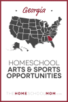 Map of US with Georgia highlighted in red and text Georgia Homeschool Arts & Sports Opportunities – TheHomeSchoolMom.com