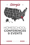 Map of US with Georgia highlighted in red and text Georgia Homeschool Conferences & Events – TheHomeSchoolMom.com
