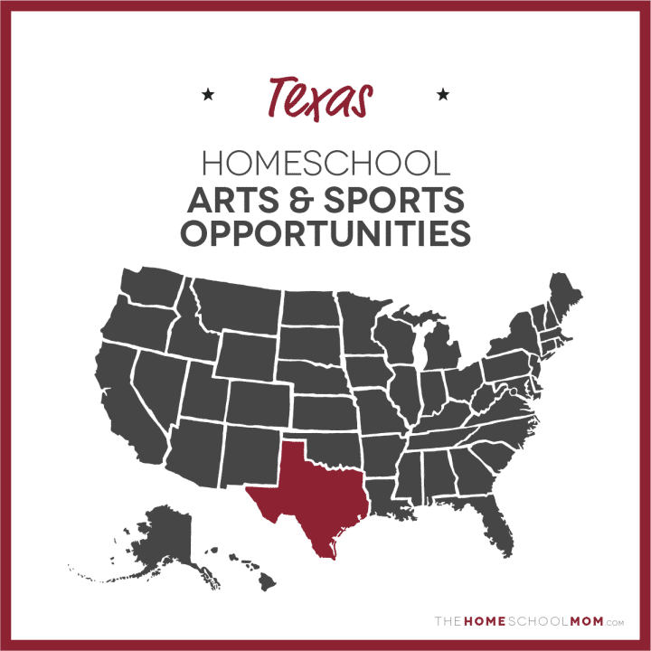 map of the US with Texas highlighted and text Texas Homeschool Arts & Sports
