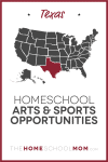 map of the US with Texas highlighted and text Texas Homeschool Arts & Sports